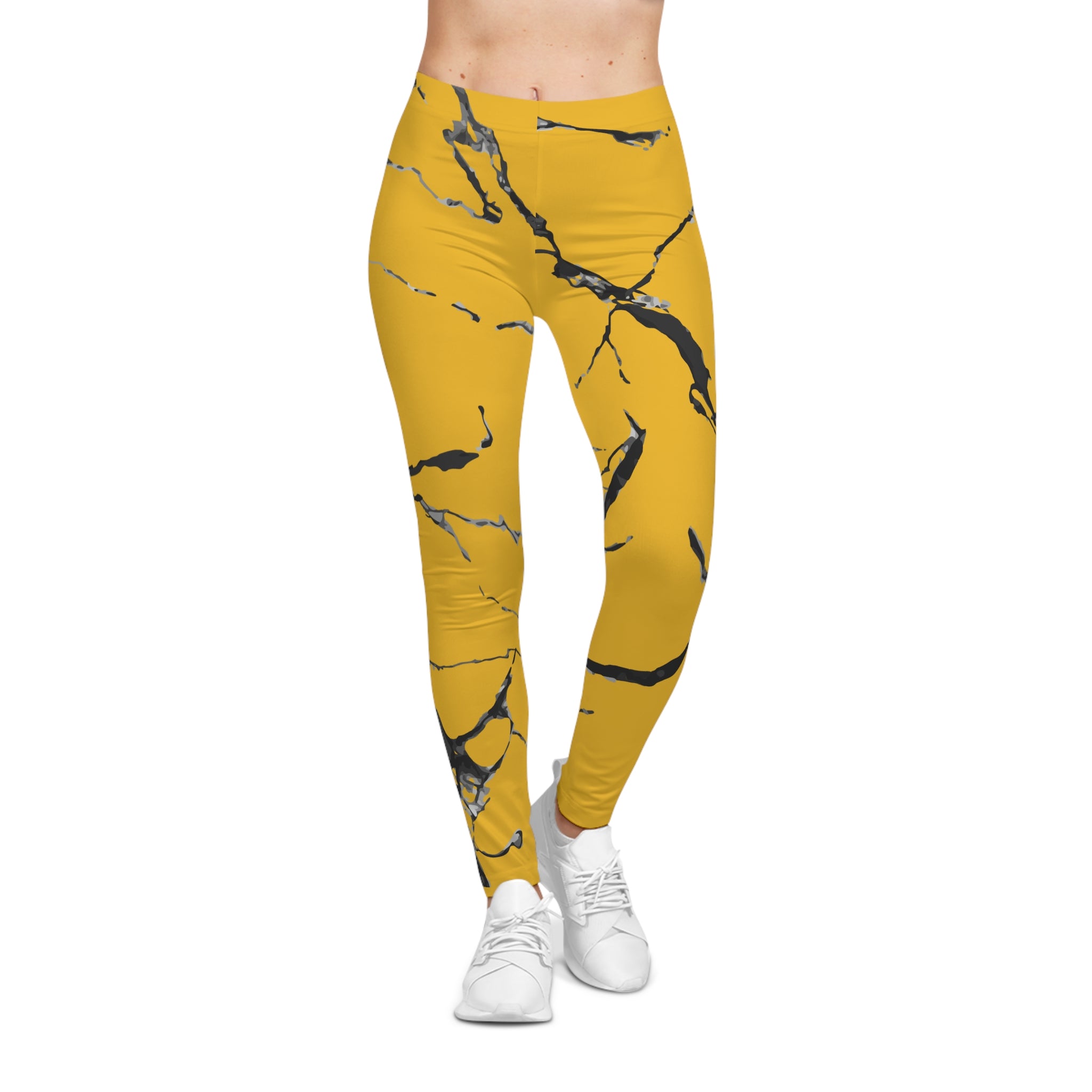 Chic Marble Print Leggings, Stylish Workout Tights, Athleisure Bottoms, Trendy Yellow Activewear, Unique Yoga Pants